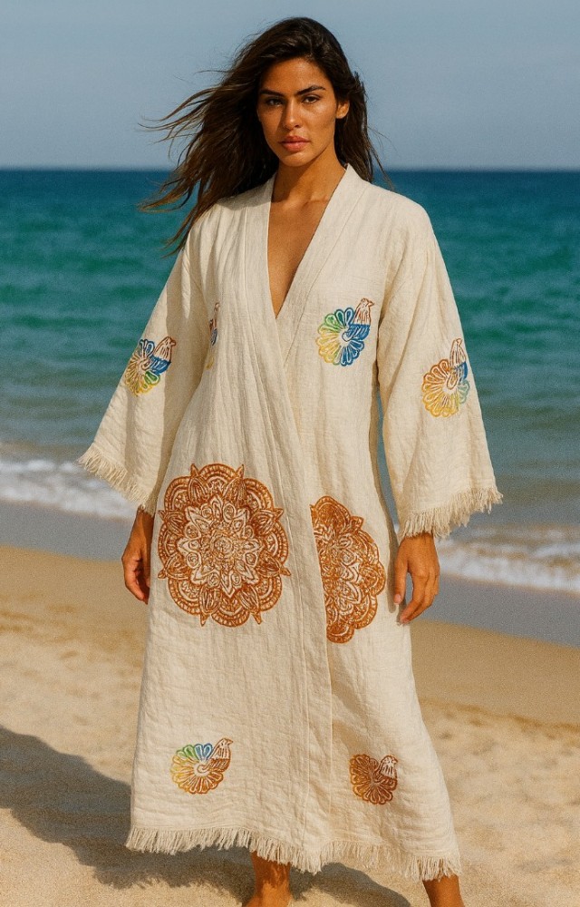 4 Kat Natürel Müslin Pamuk Kumaş Kimyasal İşlem Görmemiş El Baskılı Kaftan Kimono Peştemal Bornoz14