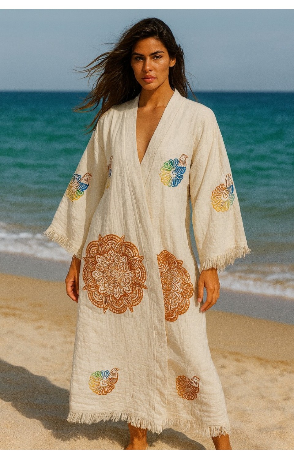 4 Kat Natürel Müslin Pamuk Kumaş Kimyasal İşlem Görmemiş El Baskılı Kaftan Kimono Peştemal Bornoz14