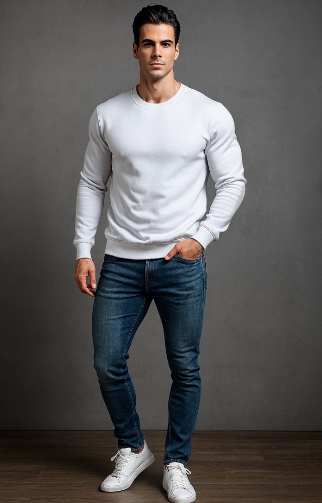 Bisiklet Yaka 3 İplik Yüksek Kaliteli Unisex Kadın Erkek Beyaz Sweatshirt