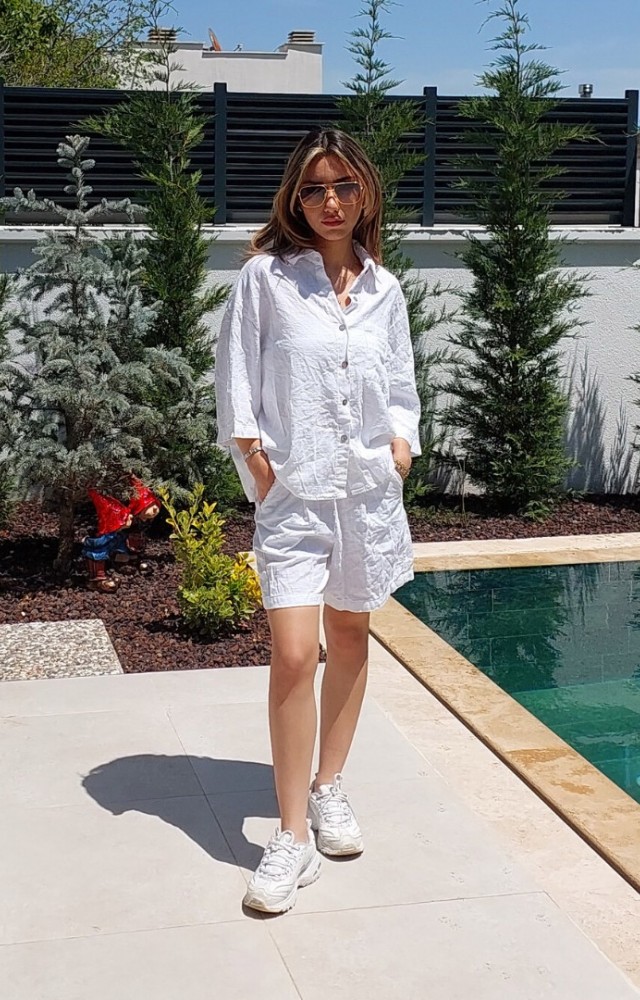 Keten Şortlu Gömlekli Kadın Takım