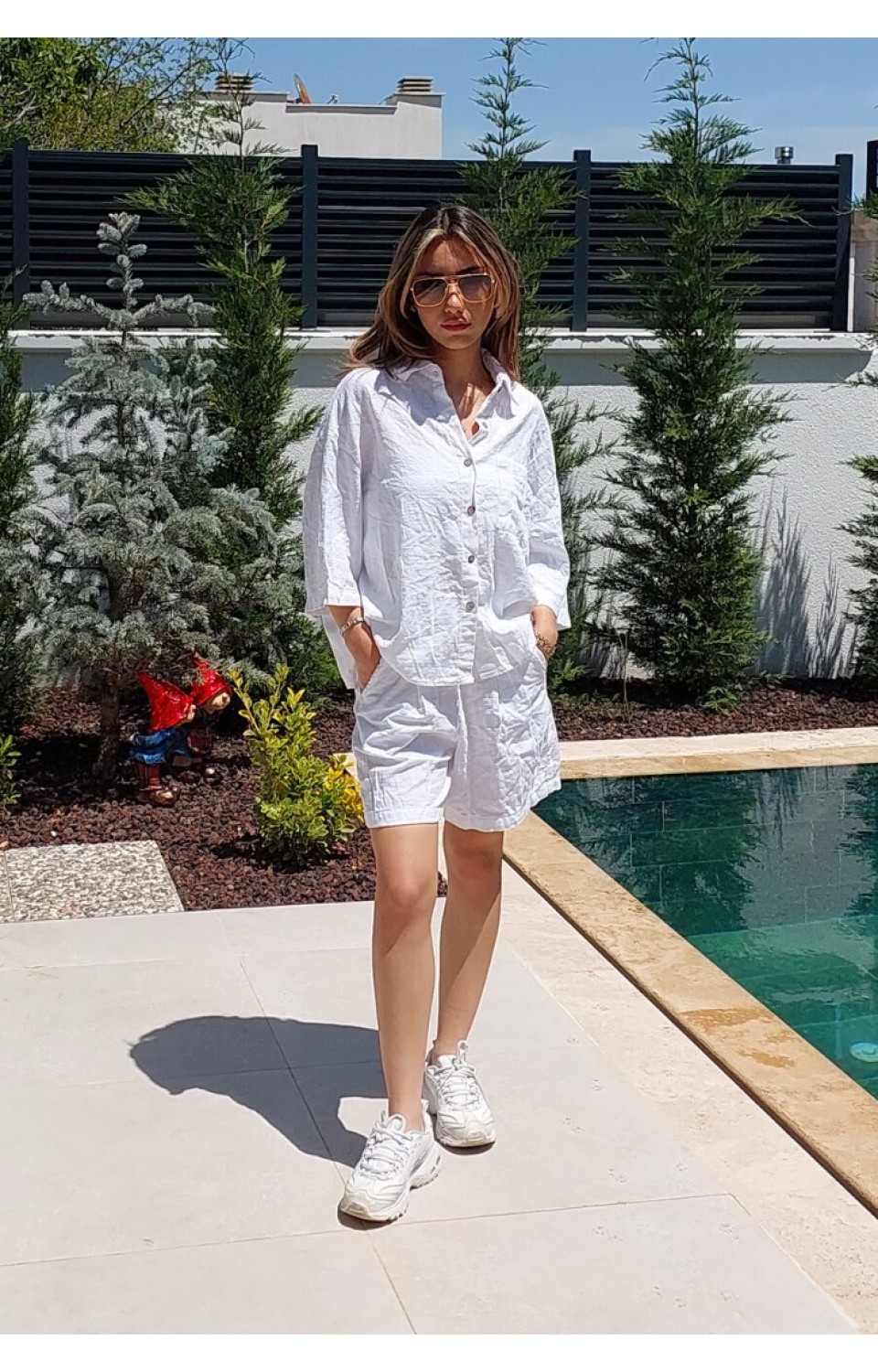 Keten Şortlu Gömlekli Kadın Takım