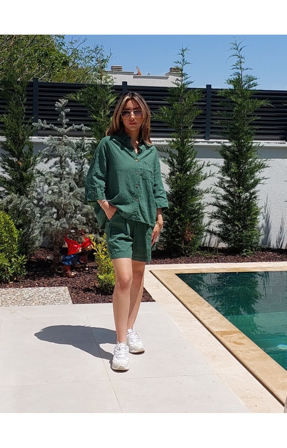 Keten Şortlu Gömlekli Kadın Takım