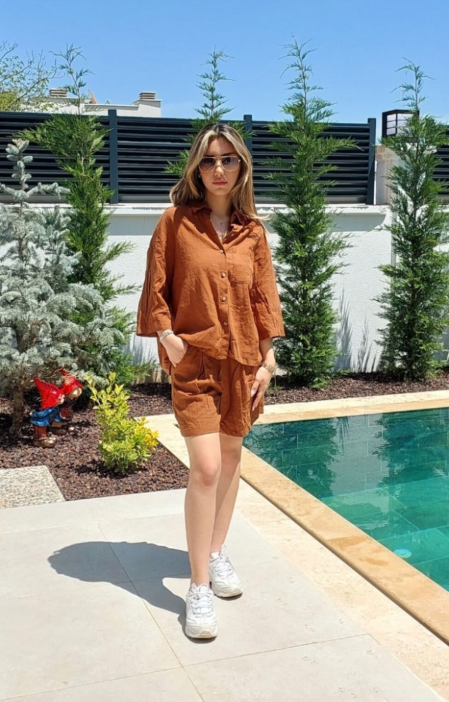 Keten Şortlu Gömlekli Kadın Takım