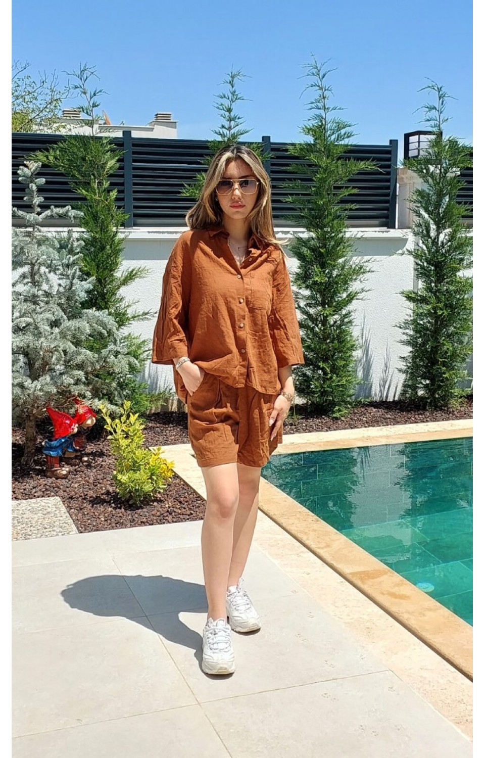 Keten Şortlu Gömlekli Kadın Takım