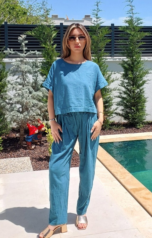 Kısa Kol Crop Bluz Kalem Pantolon Keten Kadın Takım