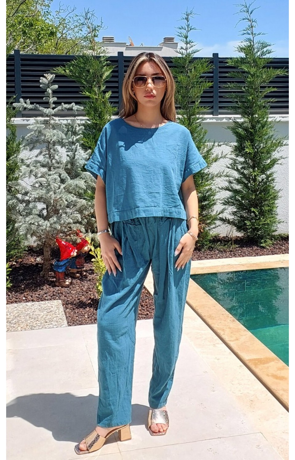 Kısa Kol Crop Bluz Kalem Pantolon Keten Kadın Takım