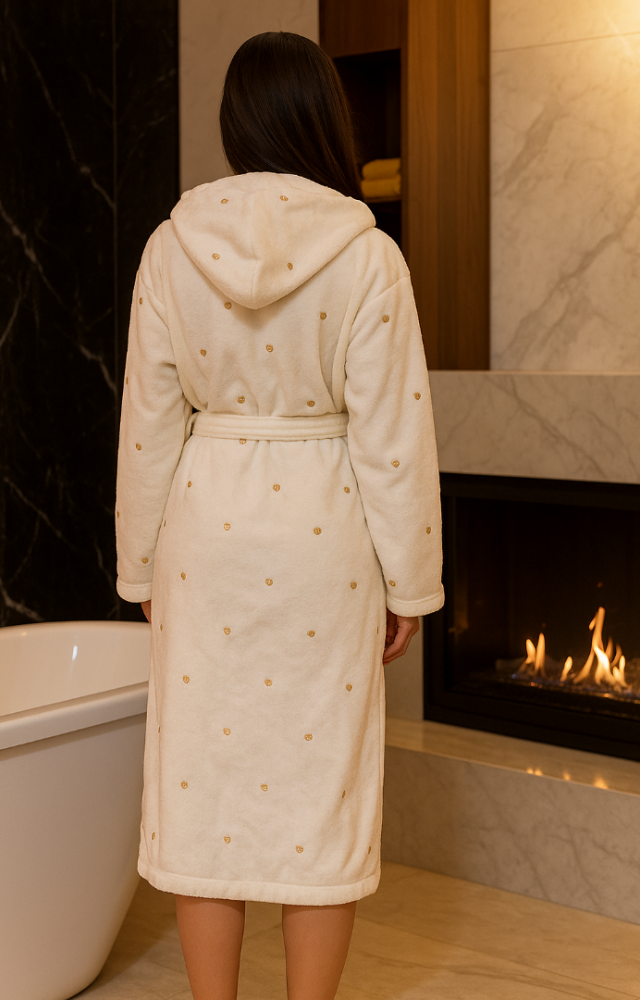 Kapşonlu Cepli Sarı Kalp Nakışlı %100 Pamuk Microcotton  Banyo Bornozu