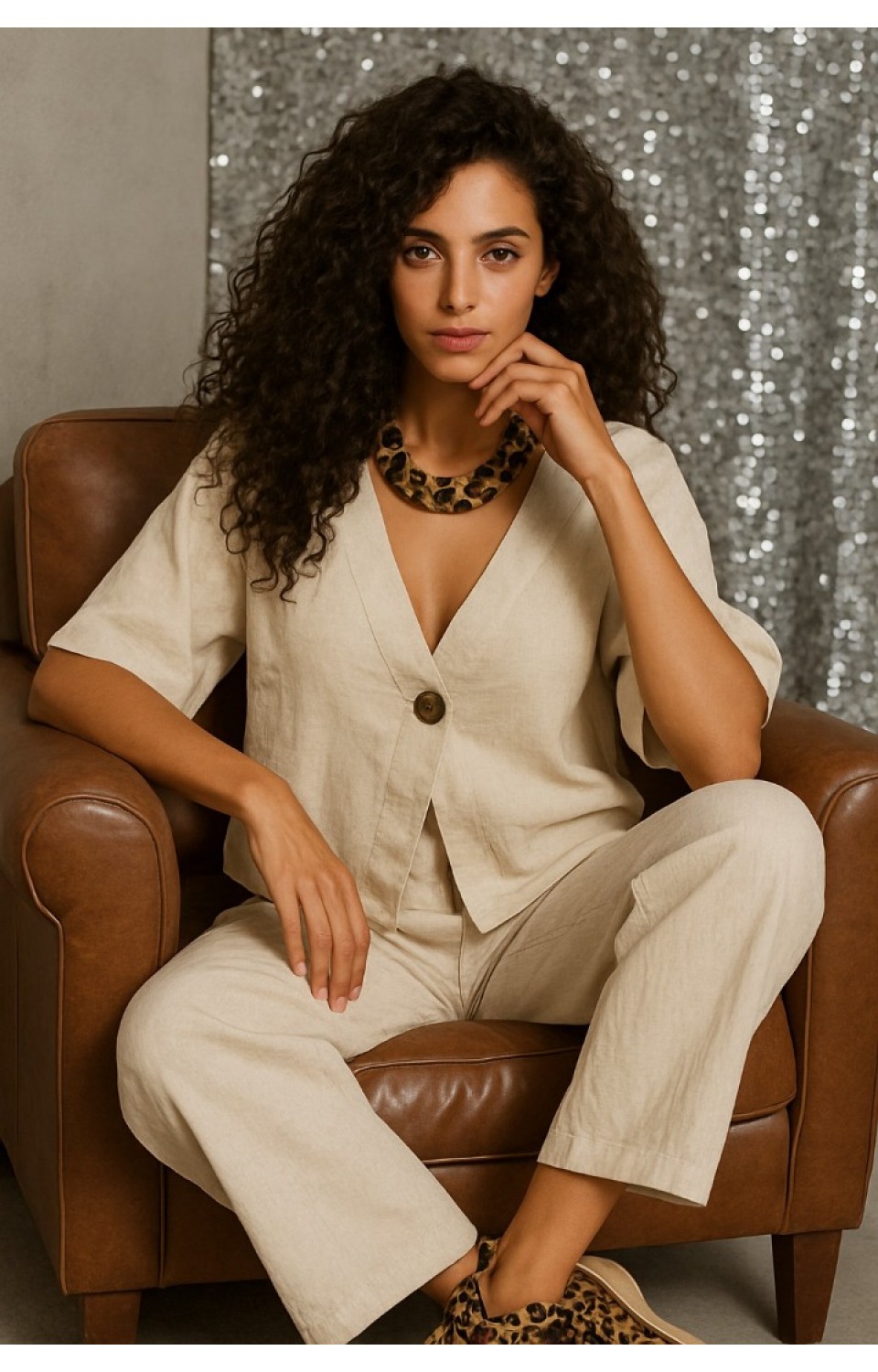 Düğmeli Kadın Alt Üst Keten Takım