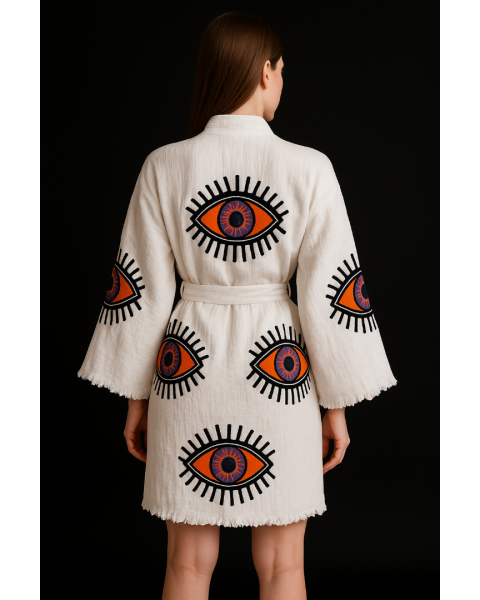 Kadın Göz Figür Desenli Kimono Kaftan