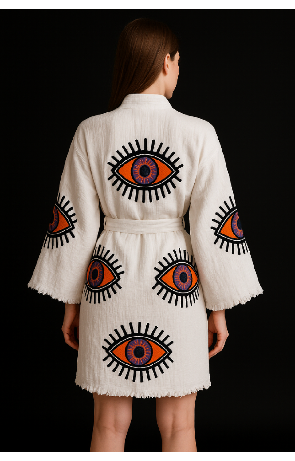 Göz Figür Desen Baskılı Müslin Kaftan Kimono Peştemal Bornoz (BOYU 90 CM)