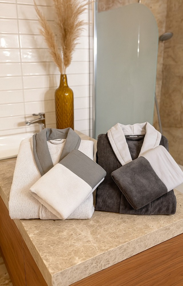 %100 Pamuk Yüksek Su Emici Şal Yaka Cepli Kadın Erkek Banyo Seti (S-M Kadın/L-XL Erkek)