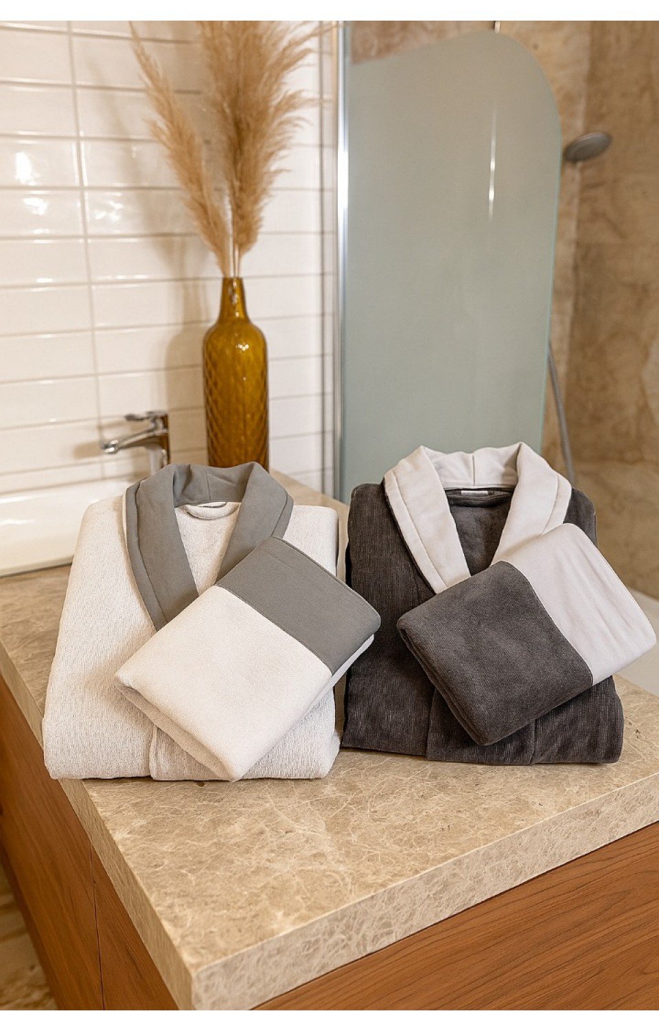 %100 Pamuk Yüksek Su Emici Şal Yaka Cepli Kadın Erkek Banyo Seti (S-M Kadın/L-XL Erkek)