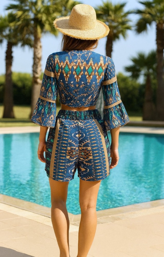 Kadın Bağlama Detaylı Desenli Yazlık Pamuklu Lacivert Alt Üst Takım