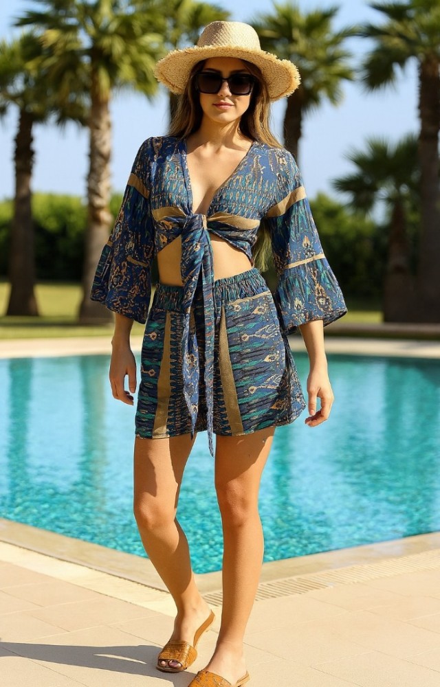 Kadın Bağlama Detaylı Desenli Yazlık Pamuklu Lacivert Alt Üst Takım