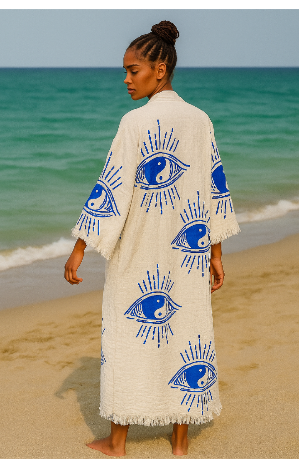 4 Kat Natürel Müslin Pamuk Kumaş Kimyasal İşlem Görmemiş El Baskılı Kaftan Kimono Peştemal Bornoz