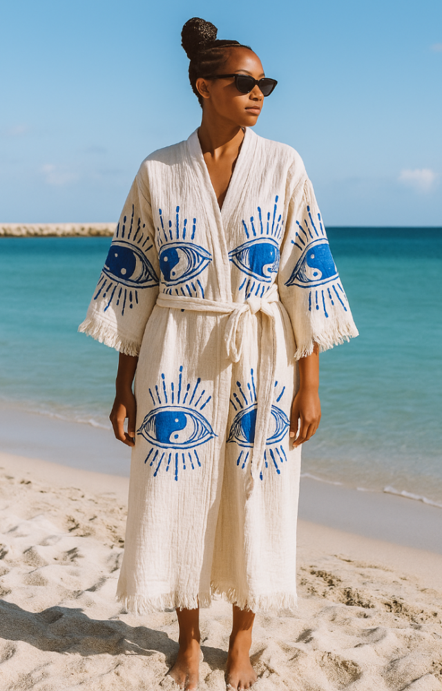 4 Kat Natürel Müslin Pamuk Kumaş Kimyasal İşlem Görmemiş El Baskılı Kaftan Kimono Peştemal Bornoz