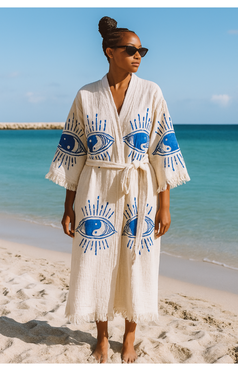 4 Kat Natürel Müslin Pamuk Kumaş Kimyasal İşlem Görmemiş El Baskılı Kaftan Kimono Peştemal Bornoz
