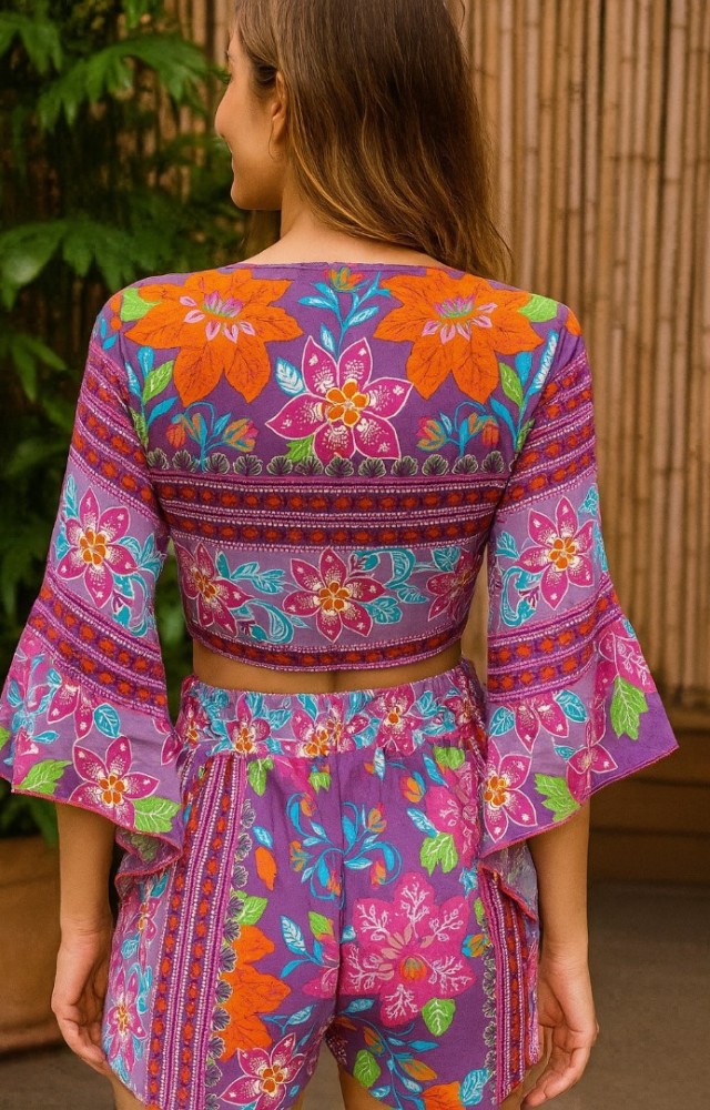 Kadın Bağlama Detaylı Desenli Yazlık Pamuklu Mor Alt Üst Takım