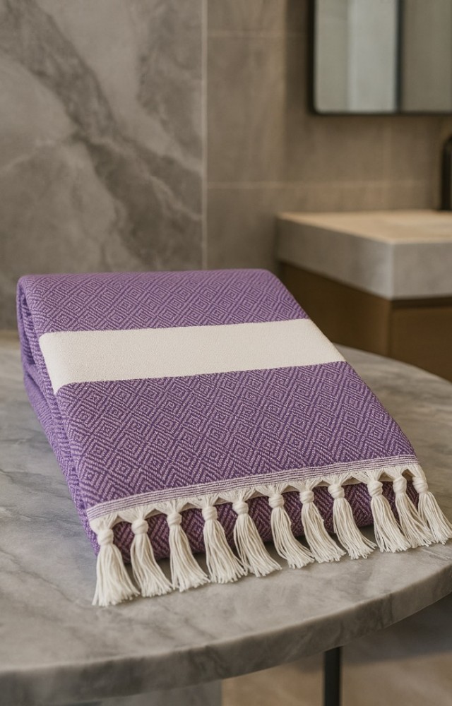 Elmas Desen %100 Pamuk 100 x 180 cm Peştemal Plaj Banyo Havlusu Açık Mor