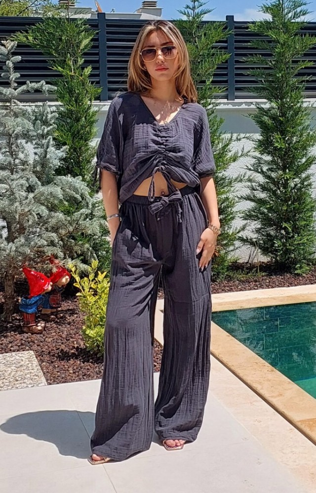 Önü Büzgülü Bluz Yürüyüş Pantolonu Müslin Kadın Takım