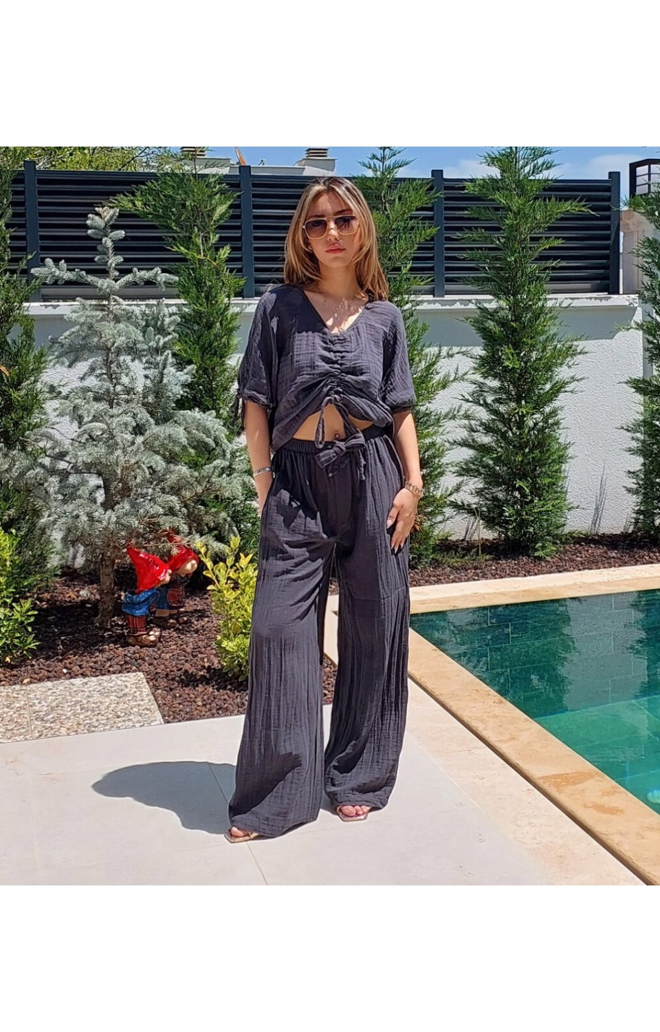 Önü Büzgülü Bluz Yürüyüş Pantolonu Müslin Kadın Takım