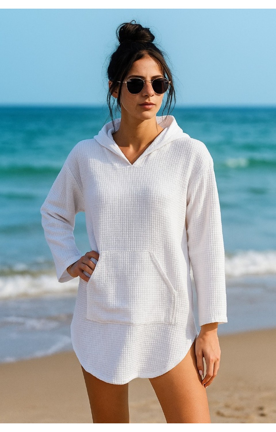 Kapüşonlu Cepli %100 Pamuk Kadın Panço