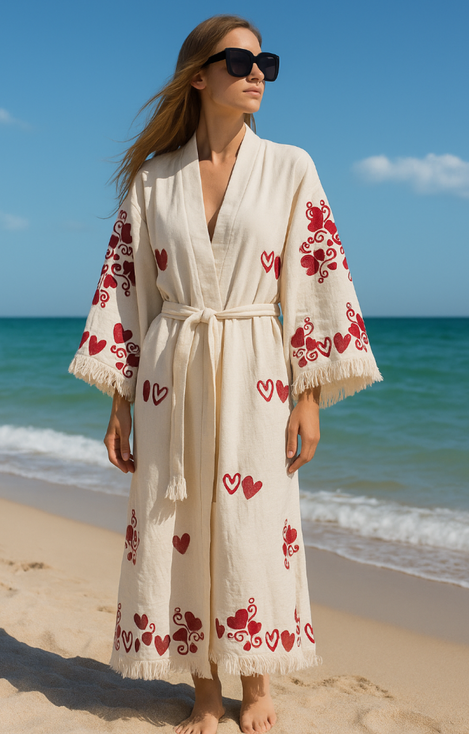 4 Kat Natürel Müslin Pamuk Kumaş Kimyasal İşlem Görmemiş El Baskılı Kaftan Kimono Peştemal Bornoz6