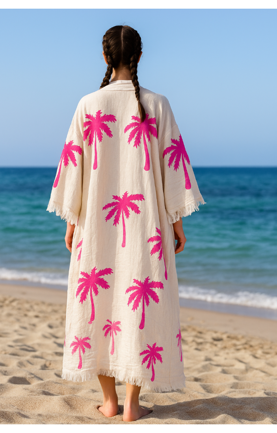 4 Kat Kumaş Özel Baskı Palmiye Desenli Doğal Natürel Müslin Kaftan Kimono Peştemal Bornoz