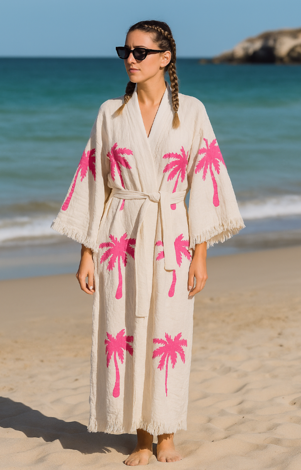 4 Kat Natürel Müslin Pamuk Kumaş Kimyasal İşlem Görmemiş El Baskılı Kaftan Kimono Peştemal Bornoz3