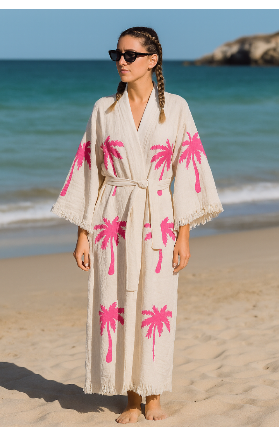 4 Kat Kumaş Özel Baskı Palmiye Desenli Doğal Natürel Müslin Kaftan Kimono Peştemal Bornoz