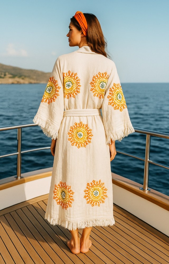4 Kat Kumaş Özel Baskı Renkli Yuvarlak Desenli Doğal Natürel Müslin Kaftan Kimono Peştemal Bornoz