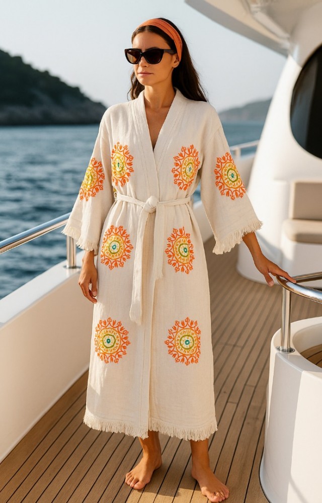 4 Kat Kumaş Özel Baskı Renkli Yuvarlak Desenli Doğal Natürel Müslin Kaftan Kimono Peştemal Bornoz