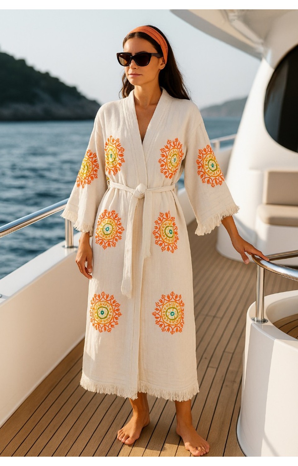   4 Kat Natürel Müslin Pamuk Kumaş Kimyasal İşlem Görmemiş El Baskılı Kaftan Kimono Peştemal Bornoz23