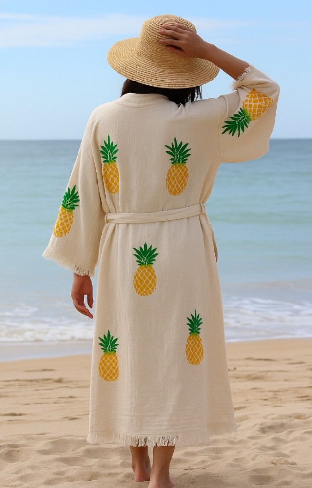 4 Kat Kumaş Özel Baskı Sarı Ananas Desenli Doğal Natürel Müslin Kaftan Kimono Peştemal Bornoz