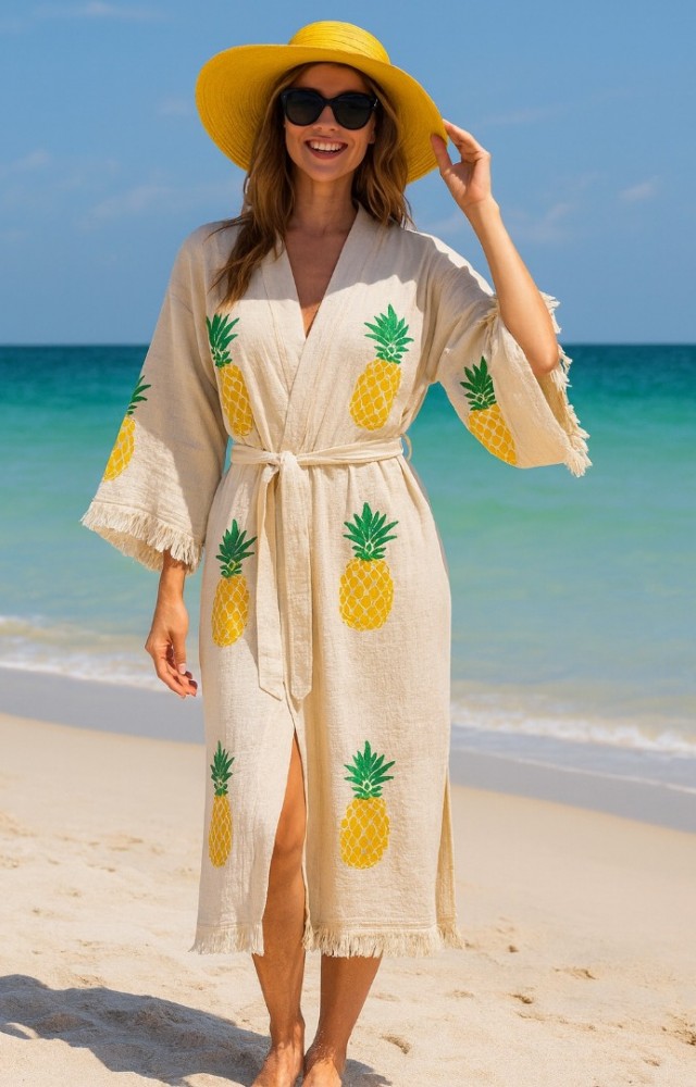 4 Kat Kumaş Özel Baskı Sarı Ananas Desenli Doğal Natürel Müslin Kaftan Kimono Peştemal Bornoz