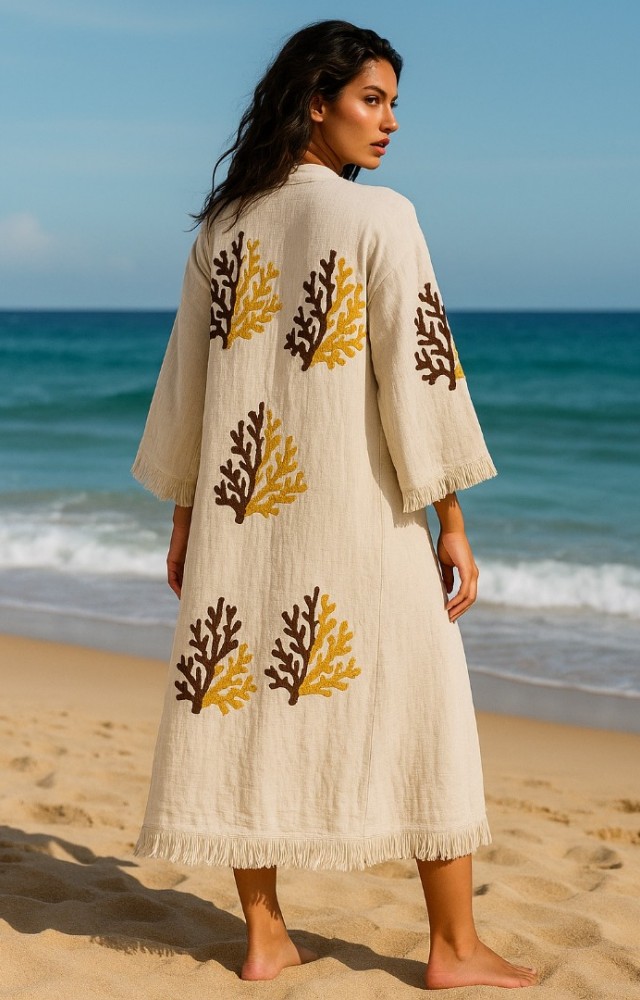 4 Kat Natürel Müslin Pamuk Kumaş Kimyasal İşlem Görmemiş El Baskılı Kaftan Kimono Peştemal Bornoz10