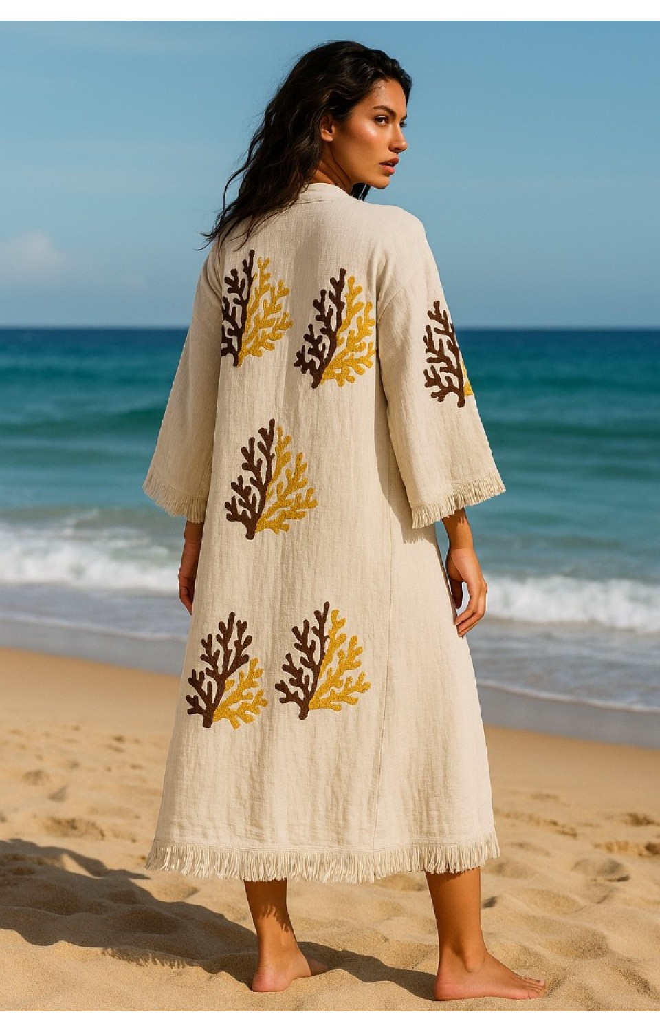 4 Kat Natürel Müslin Pamuk Kumaş Kimyasal İşlem Görmemiş El Baskılı Kaftan Kimono Peştemal Bornoz10