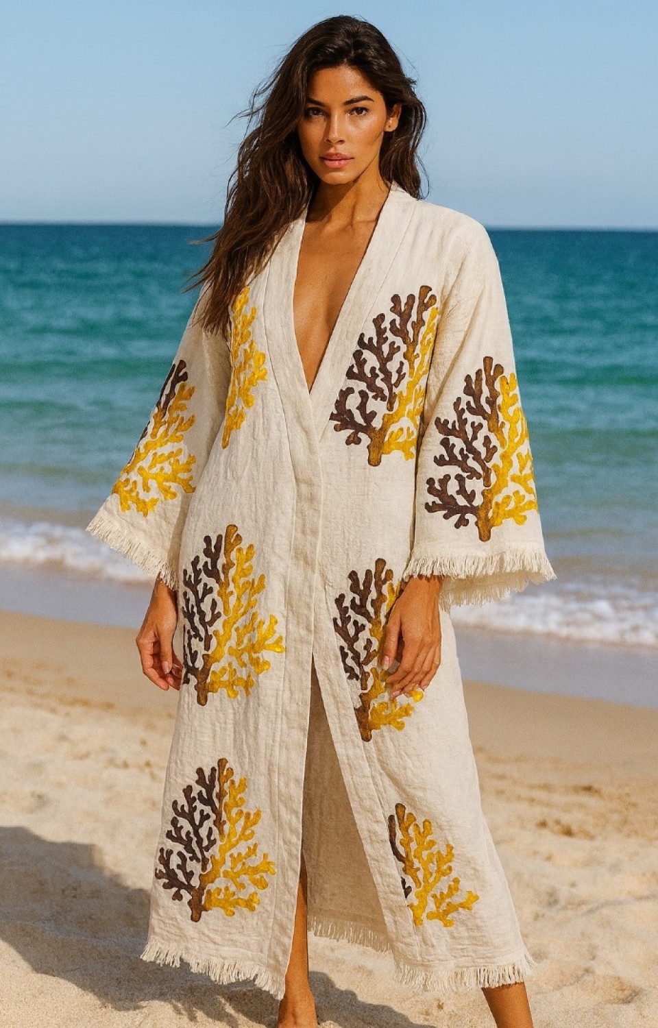4 Kat Natürel Müslin Pamuk Kumaş Kimyasal İşlem Görmemiş El Baskılı Kaftan Kimono Peştemal Bornoz10