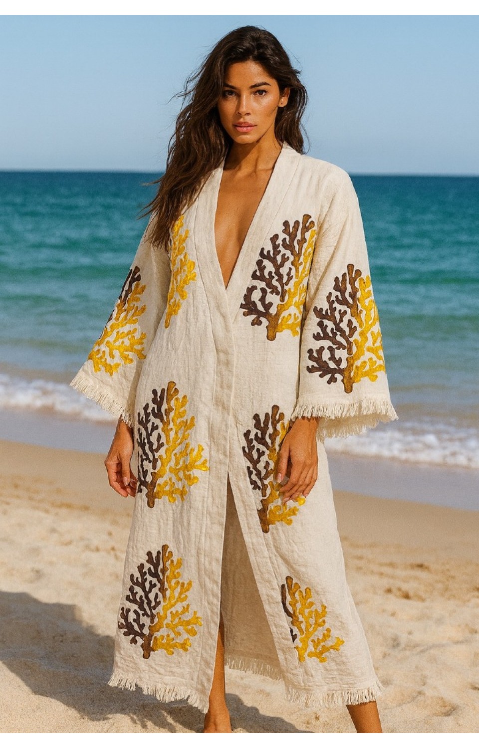 4 Kat Natürel Müslin Pamuk Kumaş Kimyasal İşlem Görmemiş El Baskılı Kaftan Kimono Peştemal Bornoz10