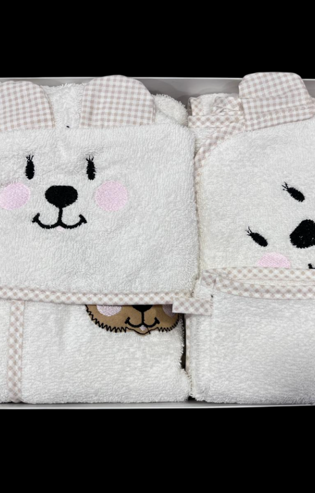 %100 Pamuk Desenli 3'lü (Bornoz-Havlu-Kese) Beyaz Bebek Çocuk Seti