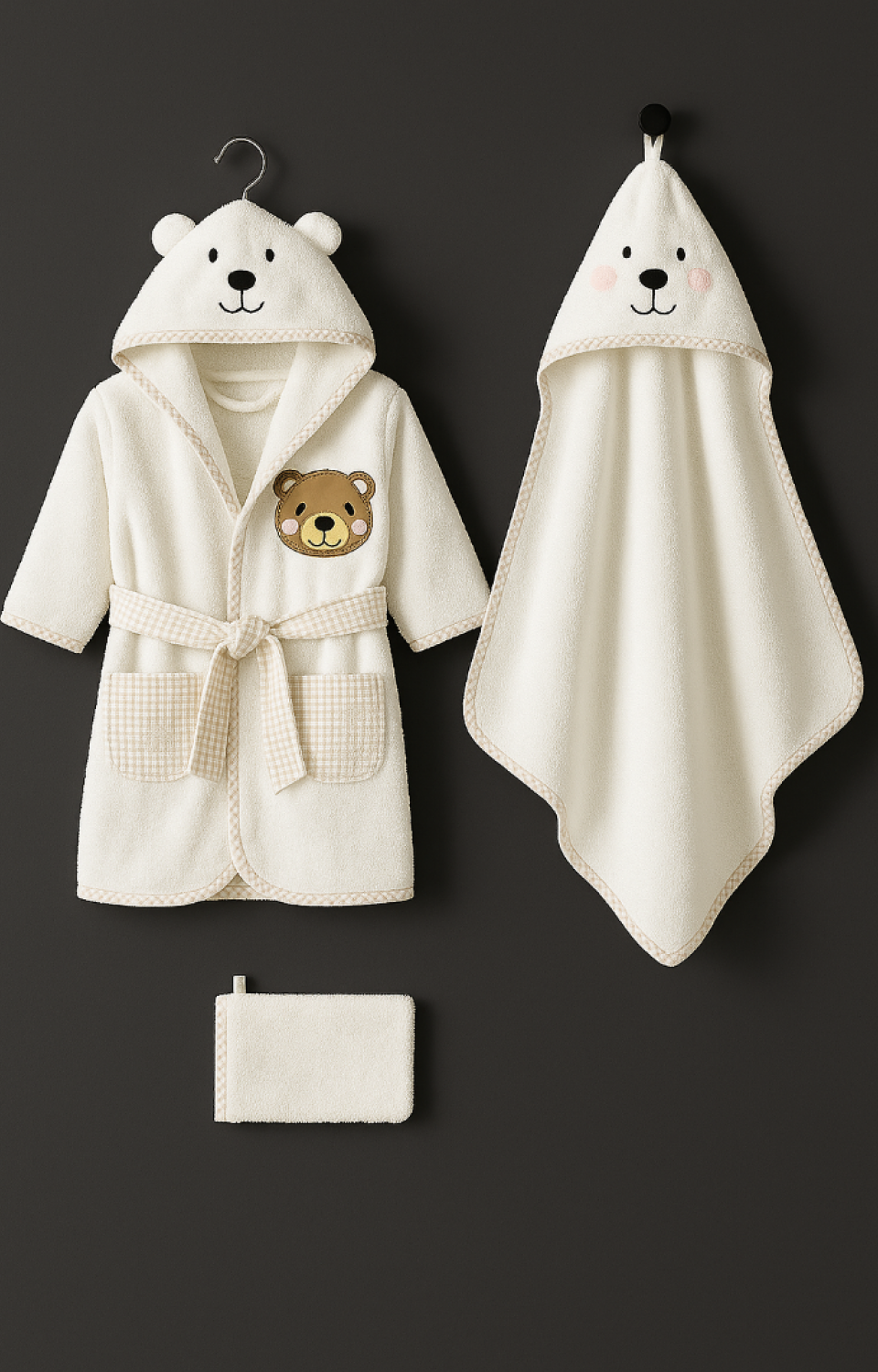 %100 Pamuk Desenli 3'lü (Bornoz-Havlu-Kese) Beyaz Bebek Çocuk Seti