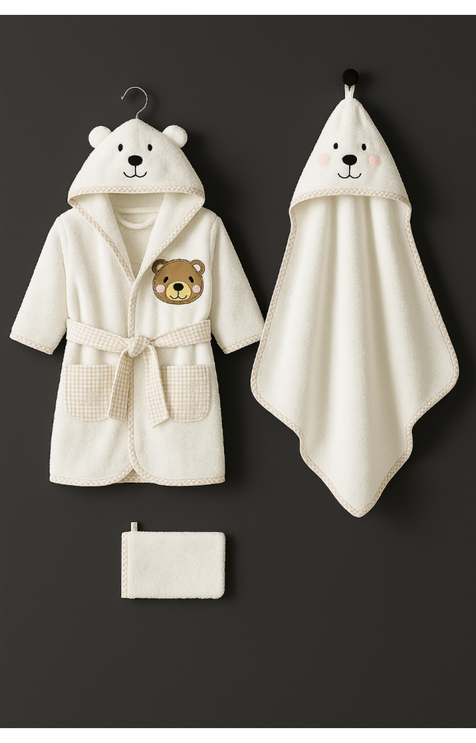 %100 Pamuk Desenli 3'lü (Bornoz-Havlu-Kese) Beyaz Bebek Çocuk Seti