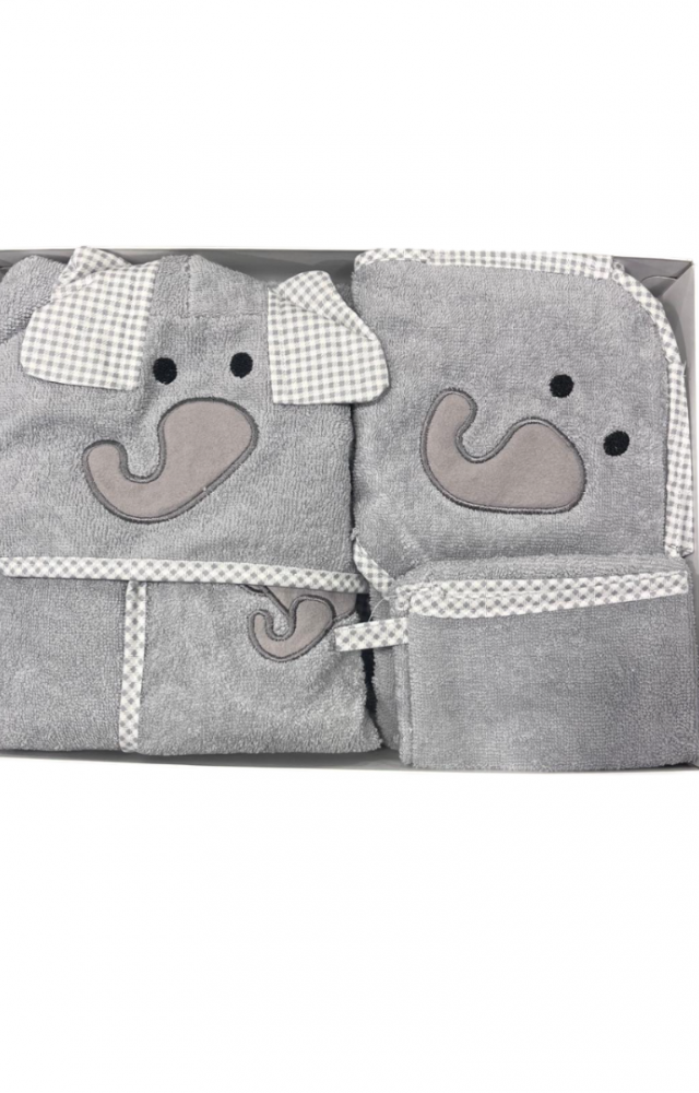 %100 Pamuk Desenli 3'lü (Bornoz-Havlu-Kese) Gri Bebek Çocuk Seti