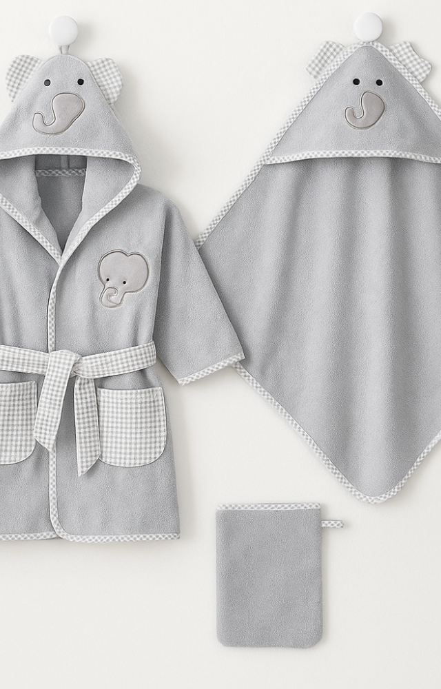 %100 Pamuk Desenli 3'lü (Bornoz-Havlu-Kese) Gri Bebek Çocuk Seti