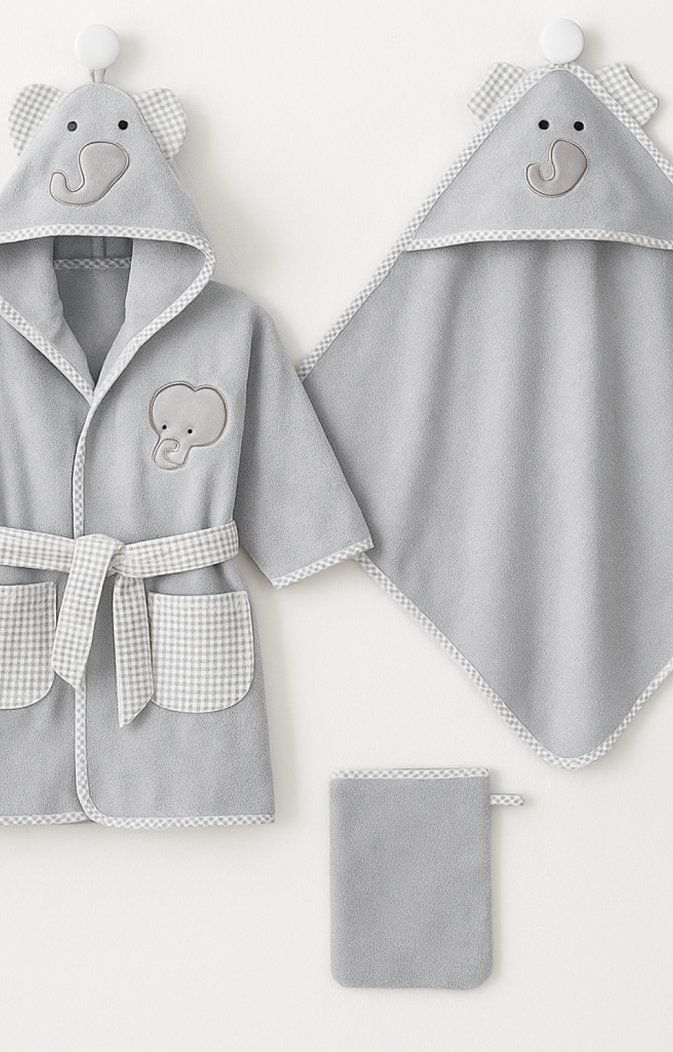 %100 Pamuk Desenli 3'lü (Bornoz-Havlu-Kese) Gri Bebek Çocuk Seti