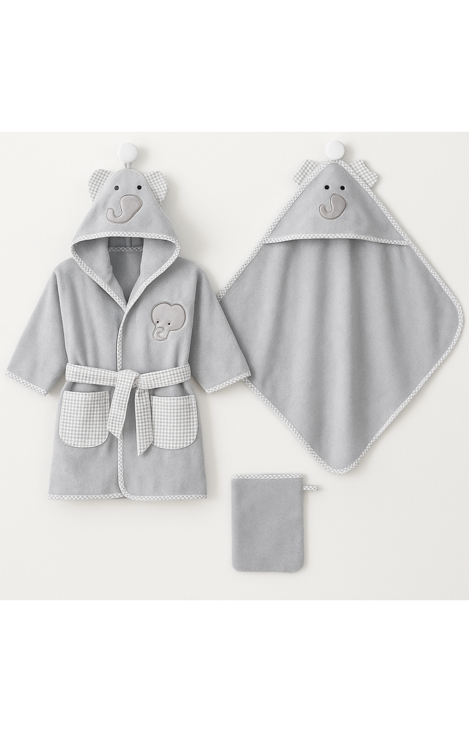 %100 Pamuk Desenli 3'lü (Bornoz-Havlu-Kese) Gri Bebek Çocuk Seti