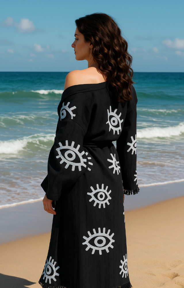 Göz Figür Desen Baskılı Müslin Kaftan Kimono Peştemal Bornoz (BOYU 125 CM)