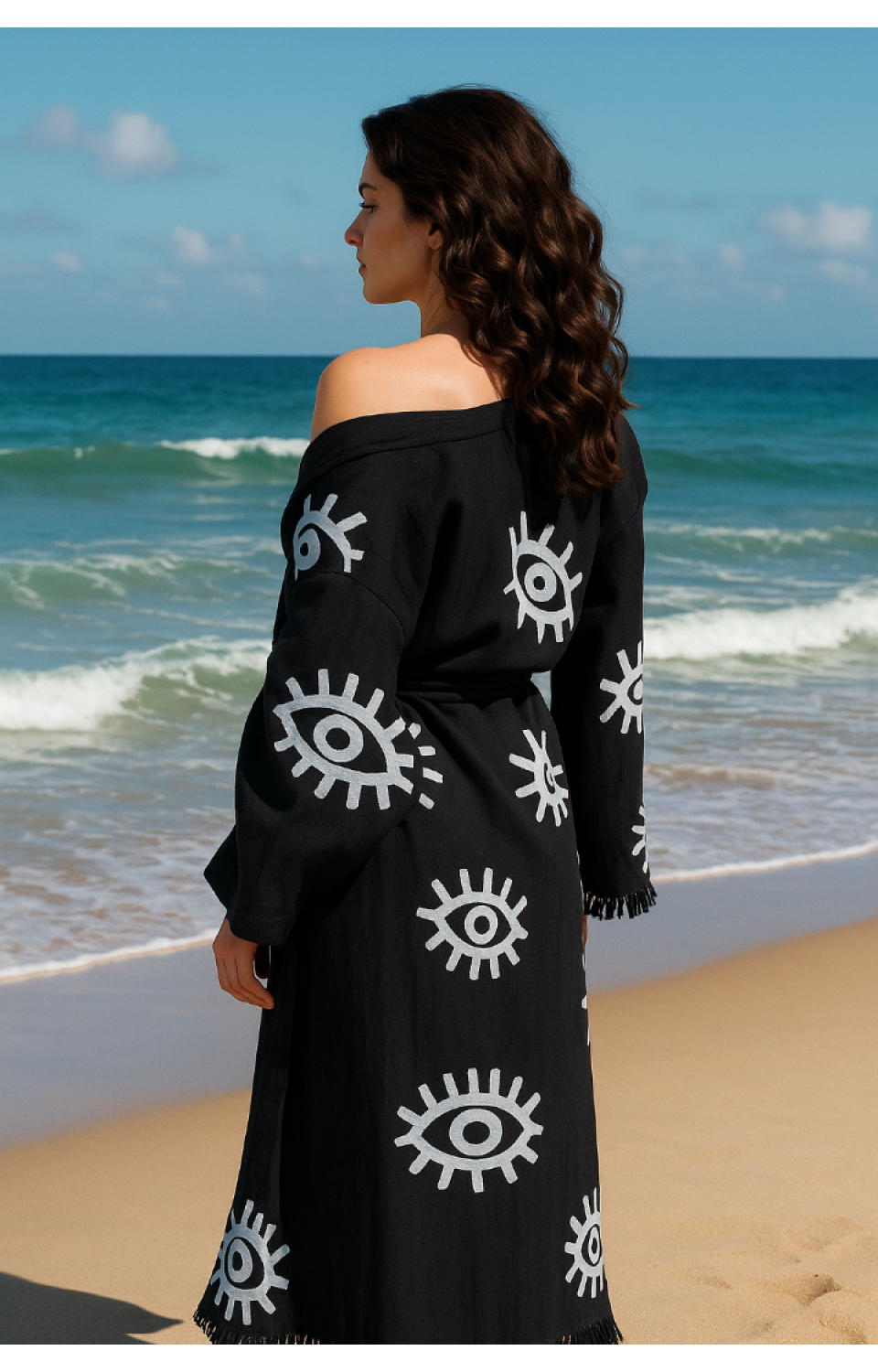 Göz Figür Desen Baskılı Müslin Kaftan Kimono Peştemal Bornoz (BOYU 125 CM)