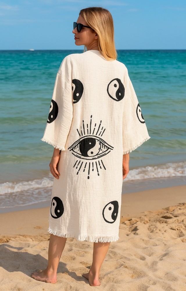 4 Kat Kumaş Özel Baskı Denge Desenli Doğal Natürel Müslin Kaftan Kimono Peştemal Bornoz