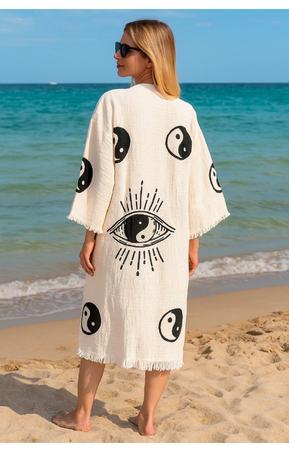 4 Kat Natürel Müslin Pamuk Kumaş Kimyasal İşlem Görmemiş El Baskılı Kaftan Kimono Peştemal Bornoz2